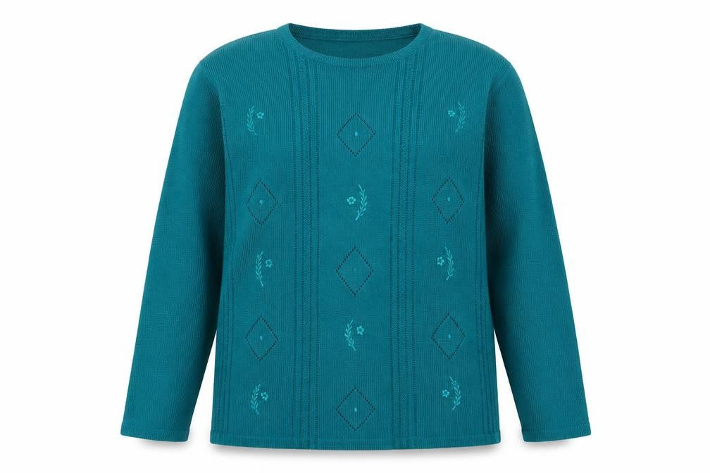 Front view of Beau Monde women’s green jumper, size M