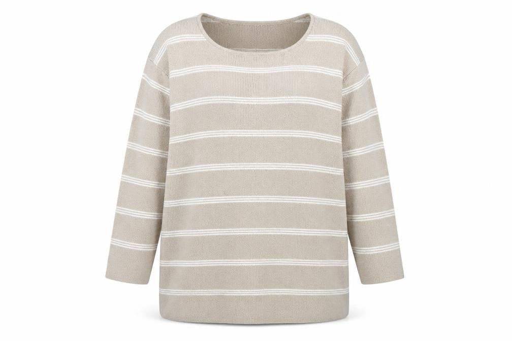 Front view of Berkertex women’s beige striped jumper, size UK 16