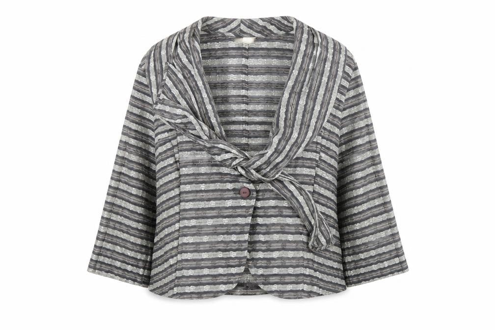 Front view of Minuet women’s silver striped cardigan jumper, size UK 12