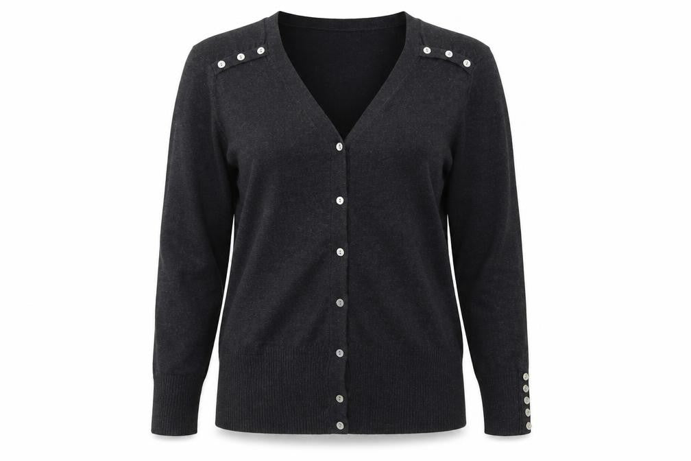Front view of Autonomy women’s grey cardigan jumper, size UK 14