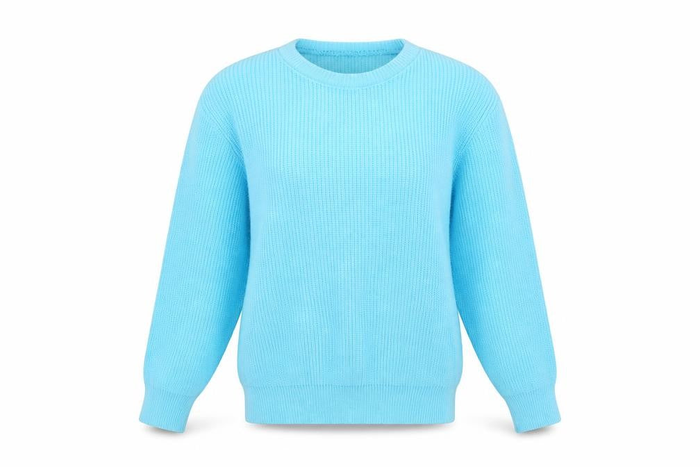Front view of Preworn women’s blue knit jumper, size S