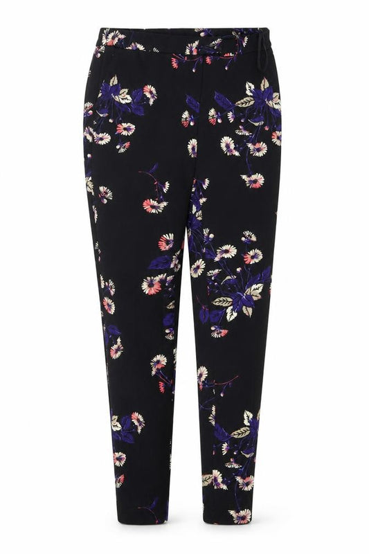 Front view of Next women’s black floral trousers, size UK 8, 28-inch leg
