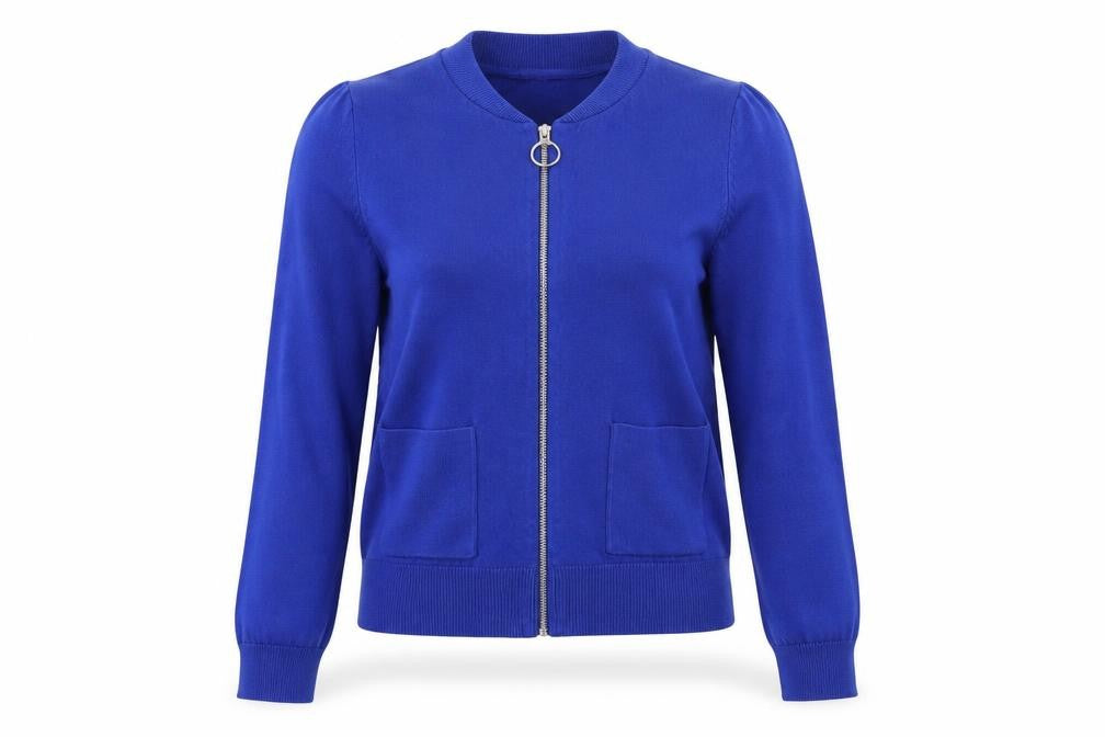 Front view of Red Herring women’s blue full zip jumper, size UK 8