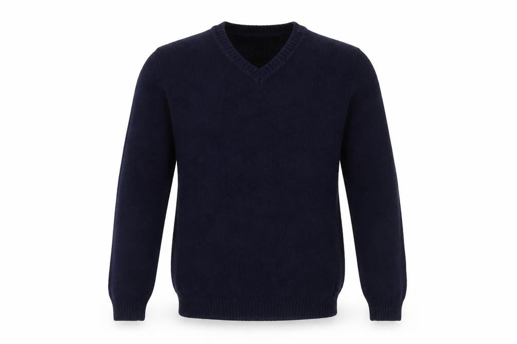 Front view of EWM men’s blue jumper, size S