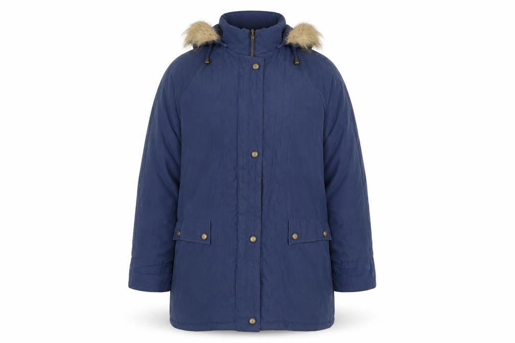 Front view of Chic de paris women’s blue parka coat, size UK 12