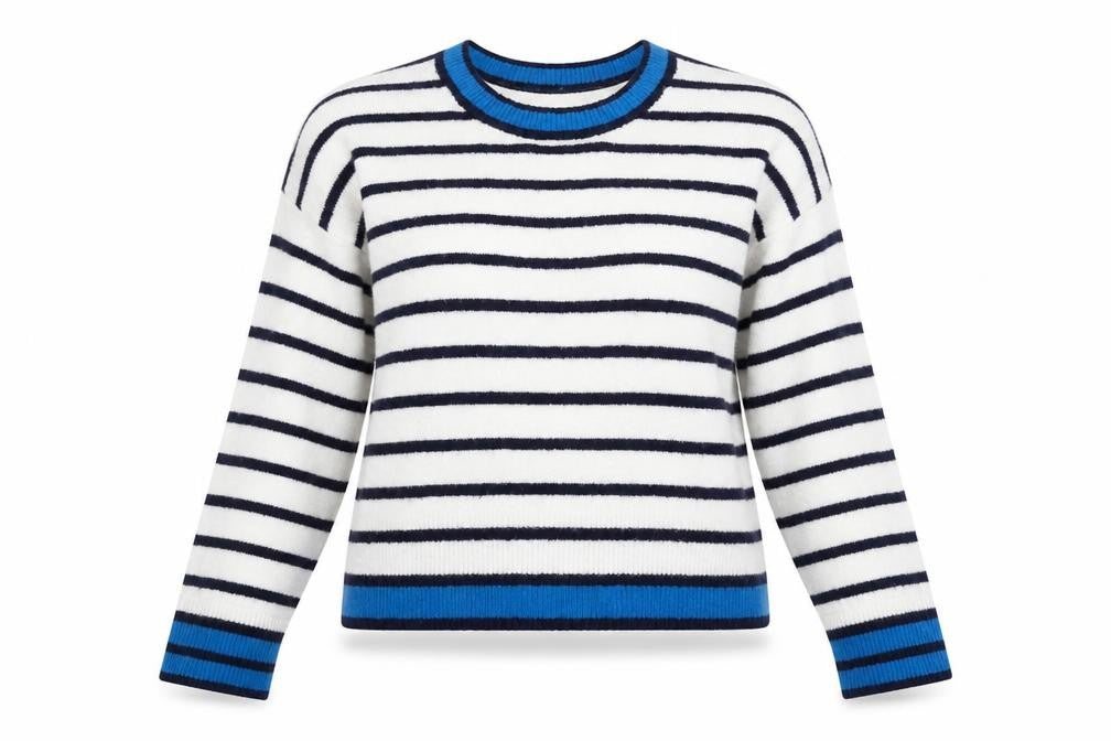Front view of Topshop women’s white striped jumper, size UK 8