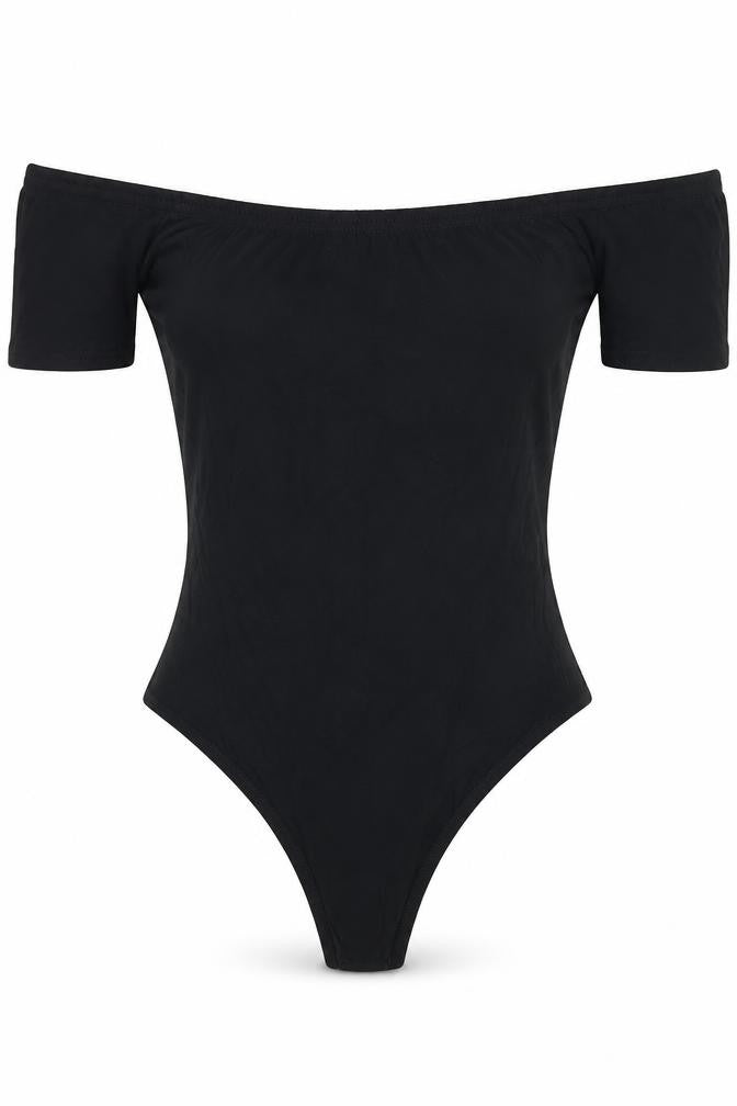 Front view of PRETTYLITTLETHING women’s black bodysuit one-piece, size UK 6