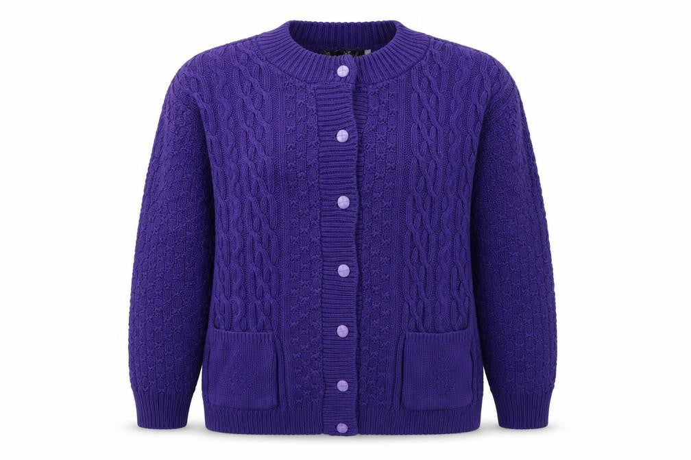 Front view of PINK women’s purple cardigan jumper, size M