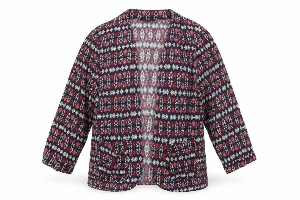 Front view of New Look women’s blue geometric cardigan jumper, size UK 10