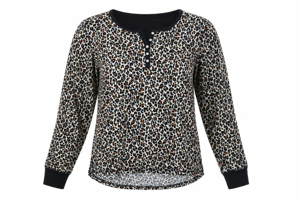 Front view of Carole Hochman women’s brown animal print basic blouse, size S
