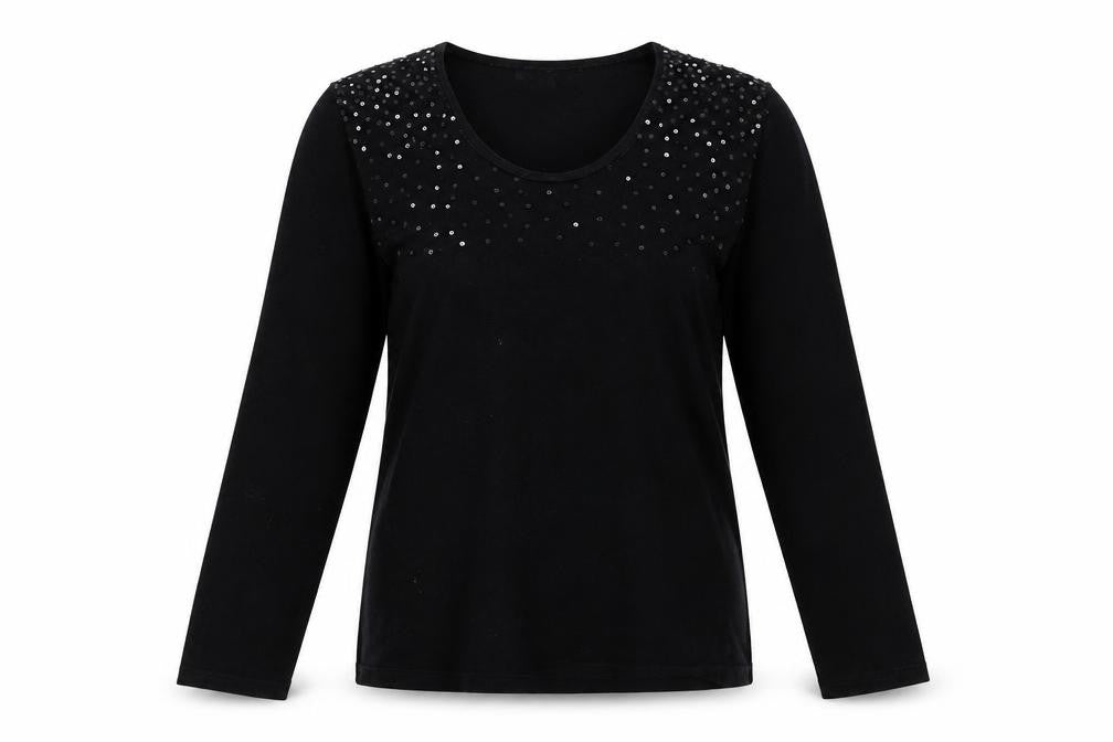 Front view of TCM women’s black pullover sweatshirt, size UK 14
