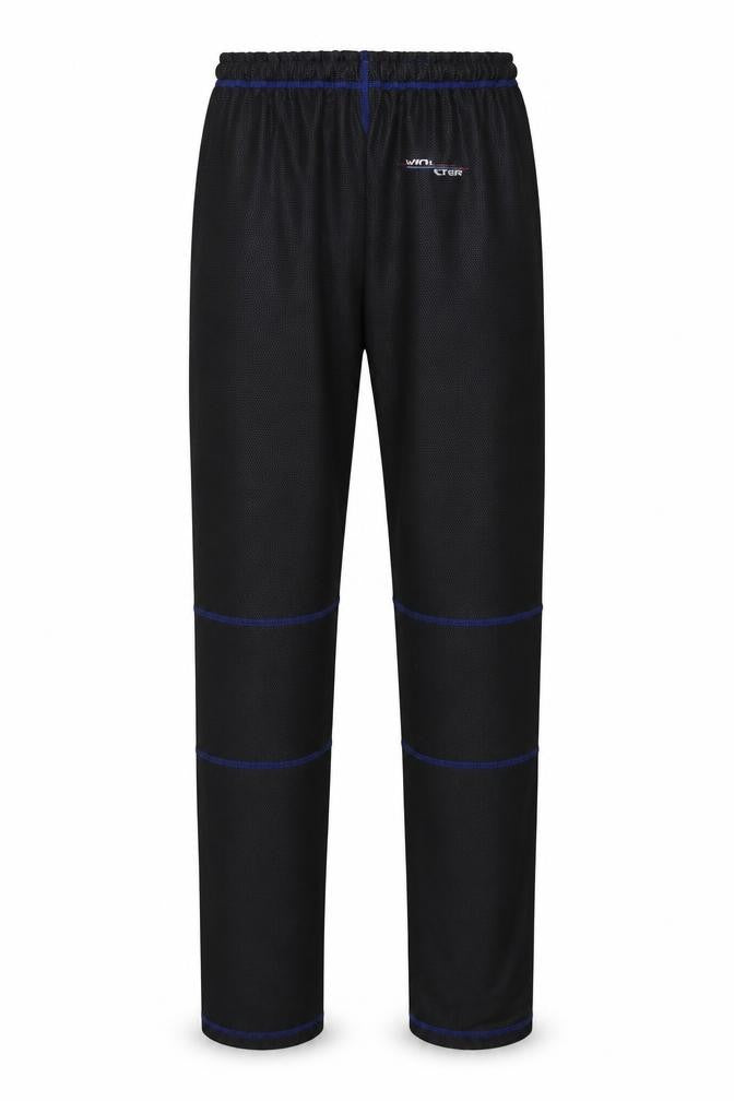 Front view of windfiltr men’s black trousers, size L, 34-inch leg