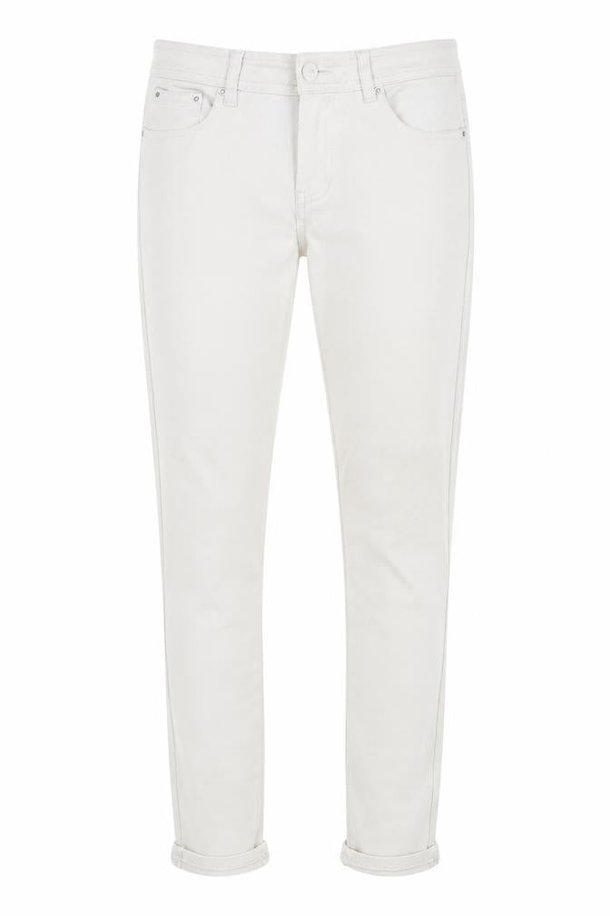Front view of women’s white straight jeans, size L, 27-inch leg