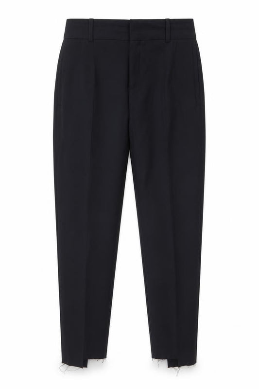 Front view of Drykorn women’s blue trousers, size UK 27, 25-inch leg - raw uneven hem