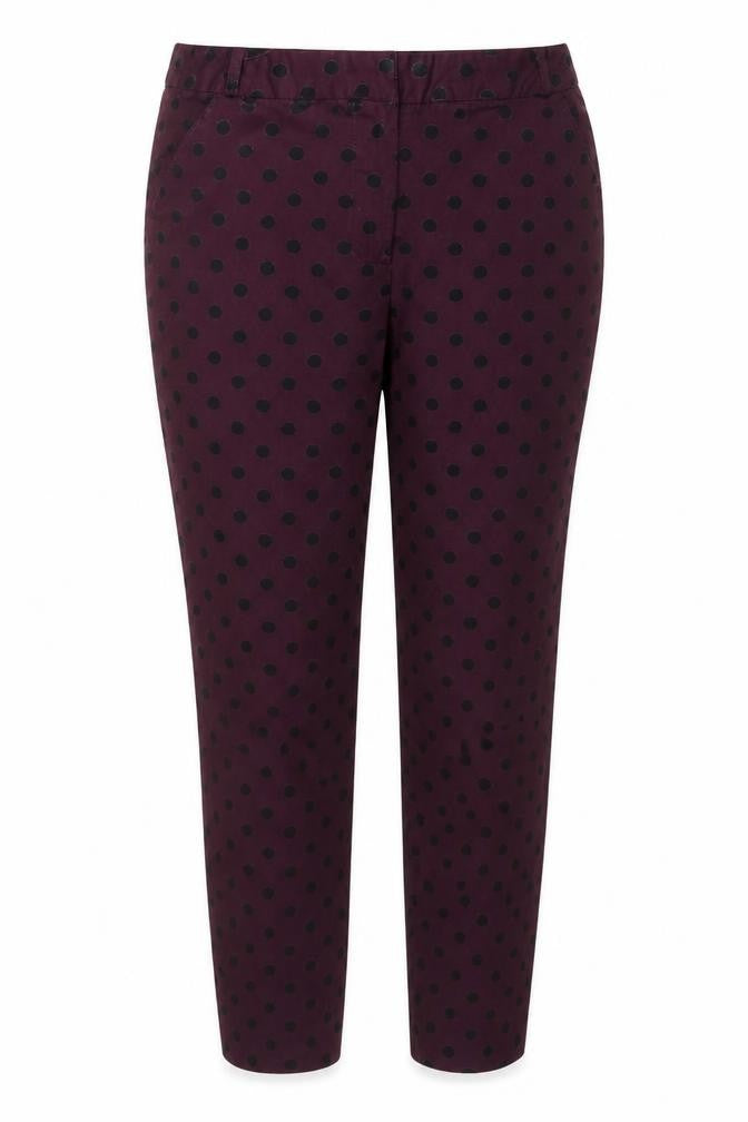 Front view of Atmosphere women’s purple polka dot trousers, size UK 8, 27-inch leg
