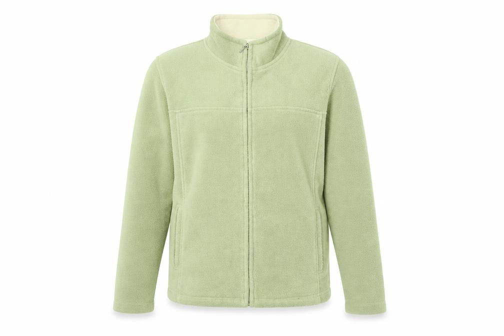 Front view of EWM women’s green full zip jumper, size UK 10