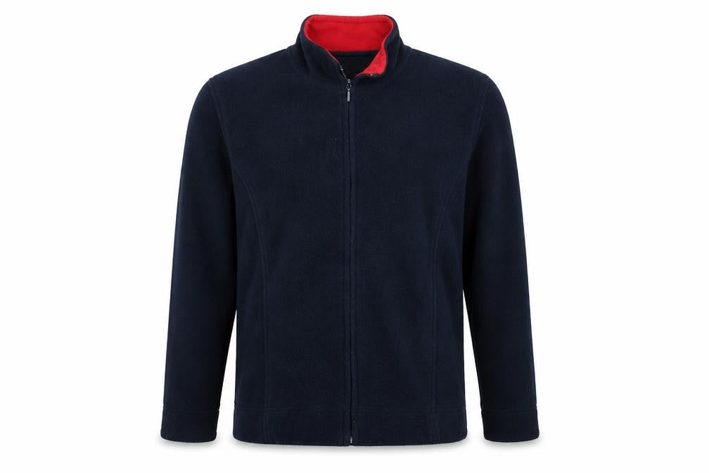 Front view of EWM men’s blue full zip jumper, size M