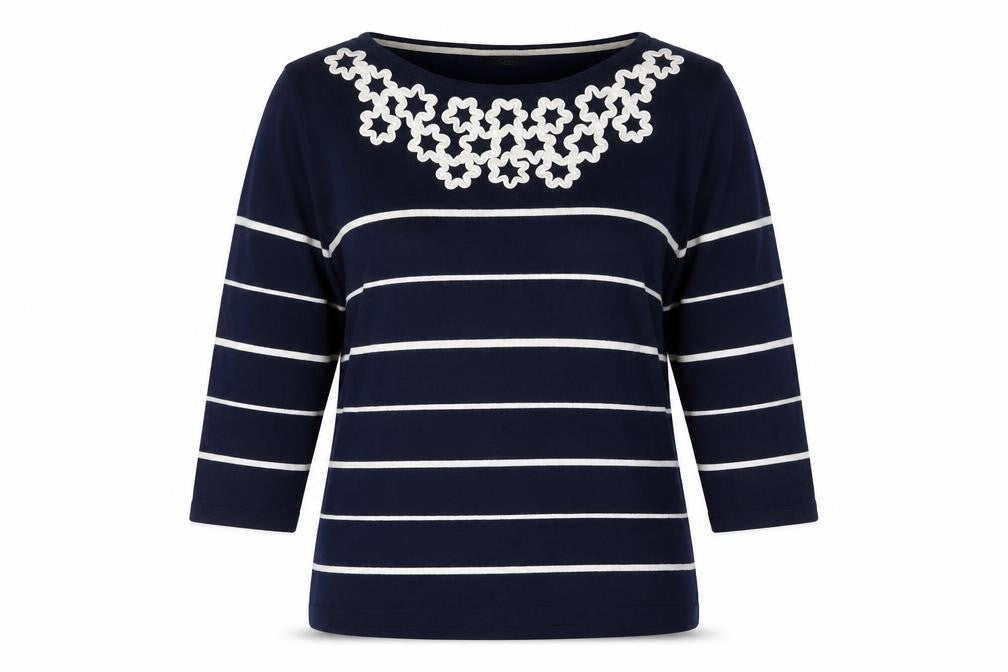 Front view of Bonmarché women’s blue striped jumper, size L