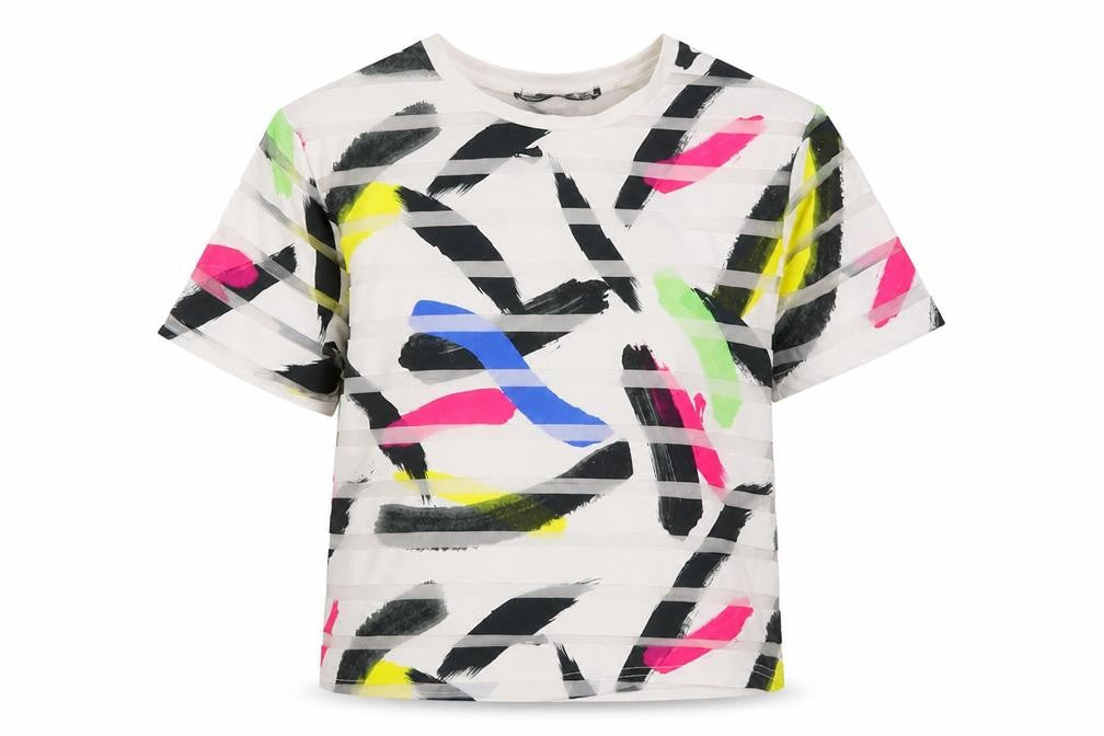 Front view of Atmosphere women’s white geometric basic t-shirt, size UK 6, - abstract