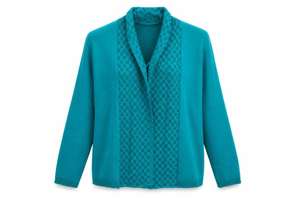 Front view of Insight women’s green cardigan jumper, size M