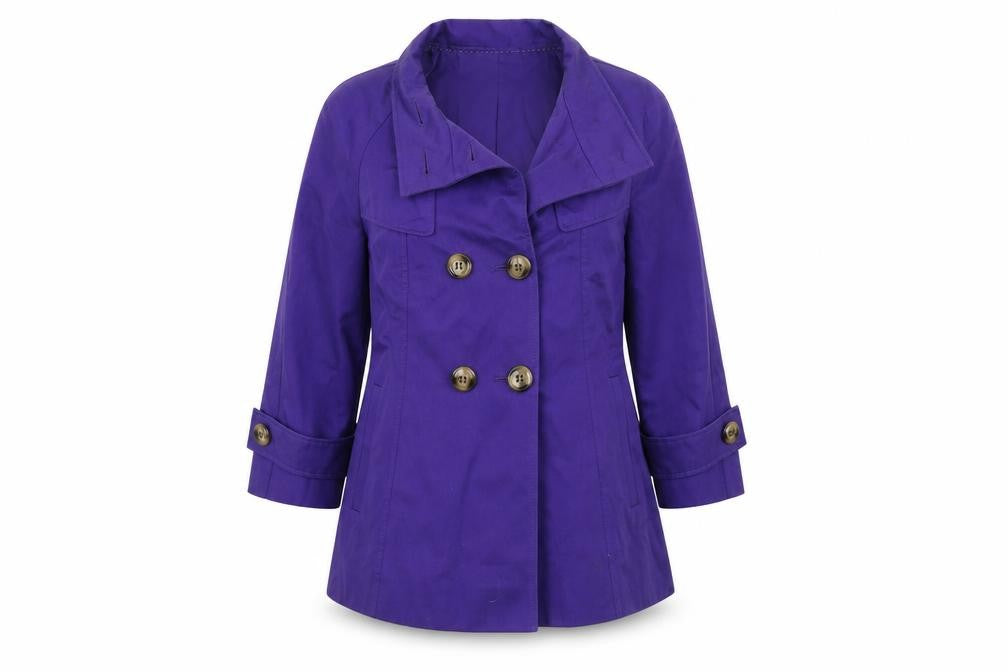 Front view of Marks & Spencer women’s purple overcoat coat, size UK 12
