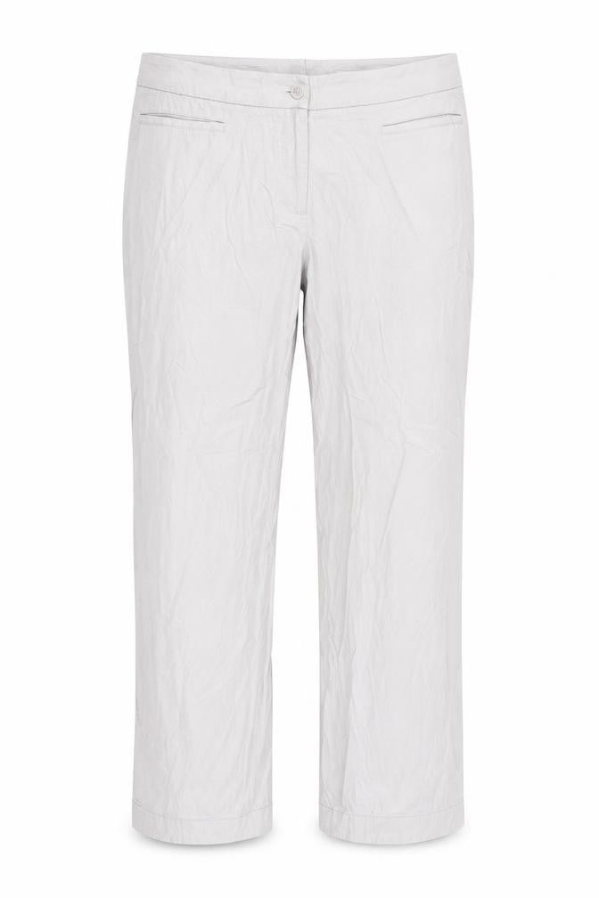 Front view of H&M women’s beige trousers, size UK 34, in, 27-inch leg