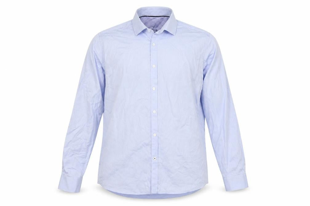 Front view of Burton men’s blue button-up, size 17.5