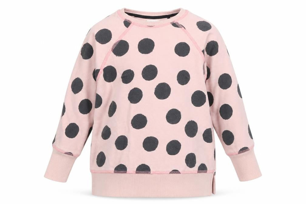 Front view of Next girls’ pink polka dot jersey pullover sweatshirt, size 5, years