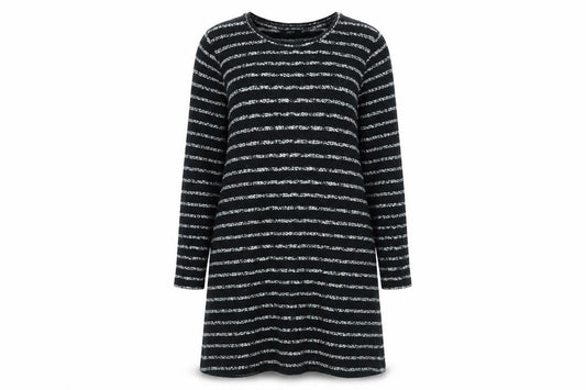 Front view of Papaya women’s black striped fit & flare, size S