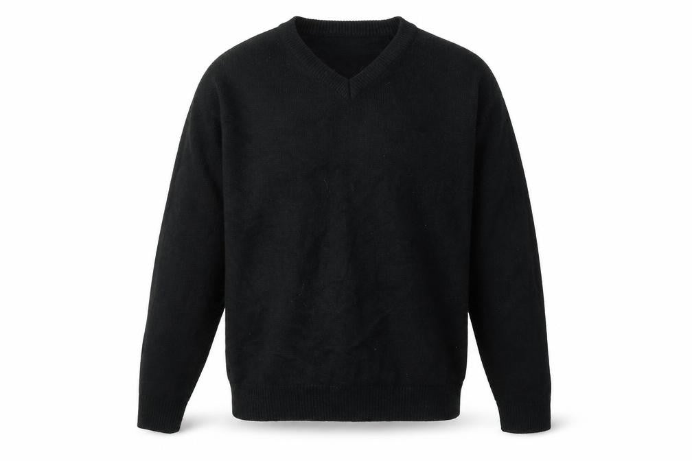 Front view of W&B men’s black pullover sweatshirt, size M