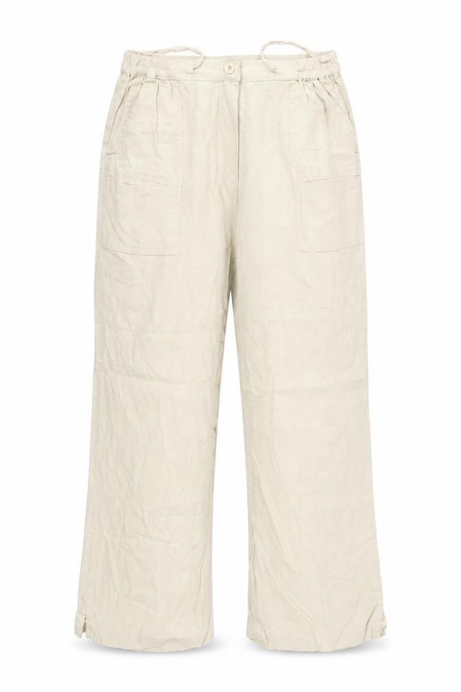 Front view of Preworn women’s beige trousers, size M, 22-inch leg