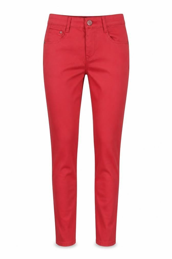Front view of Stradavarius women’s red skinny jeans, size S, 26-inch leg