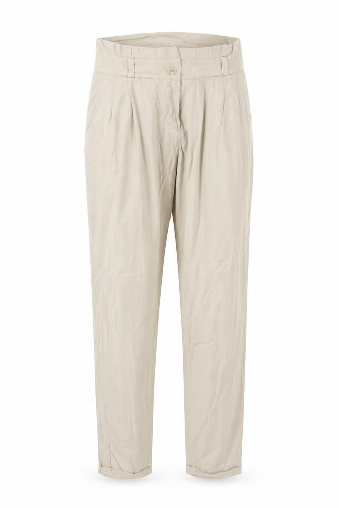 Front view of Preworn women’s beige trousers, size M, 27-inch leg