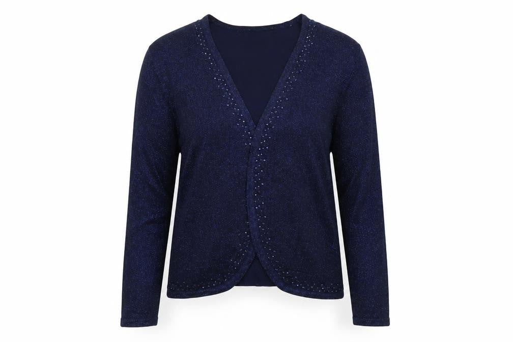 Front view of Ronni Nicole women’s blue cardigan jumper, size M