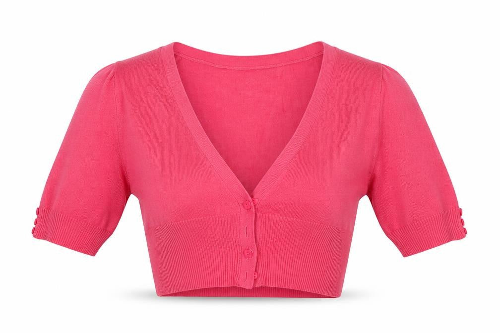 Front view of Marks & Spencer women’s pink cardigan jumper, size UK 8