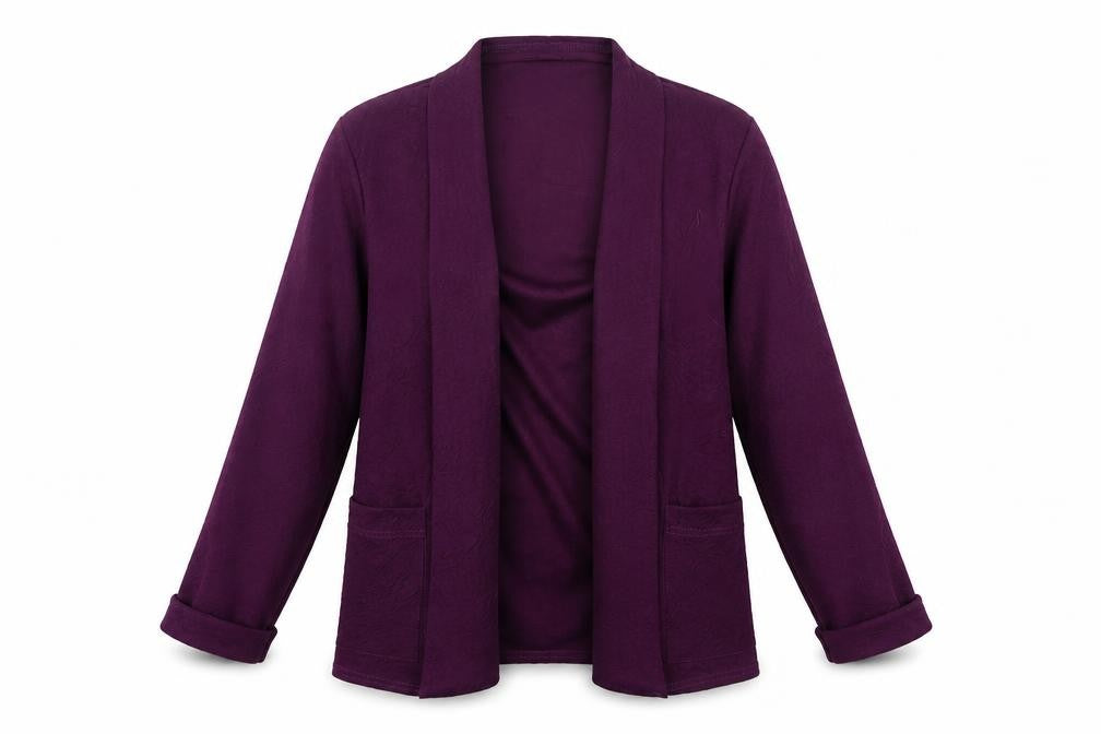 Front view of CND women’s purple cardigan jumper, size UK 10