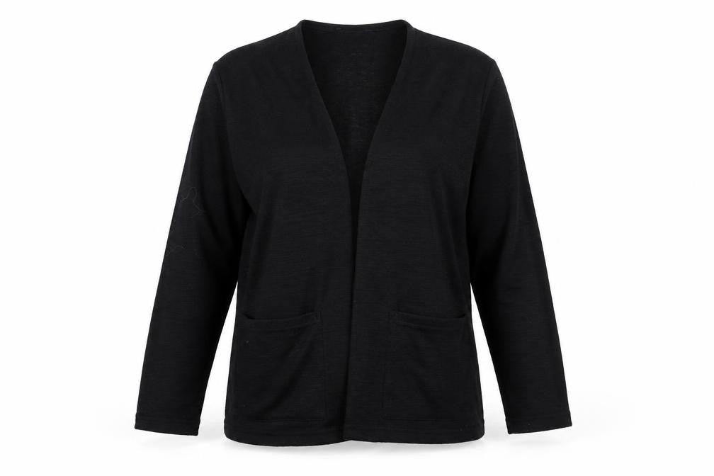 Front view of Atmosphere women’s black cardigan jumper, size UK 4