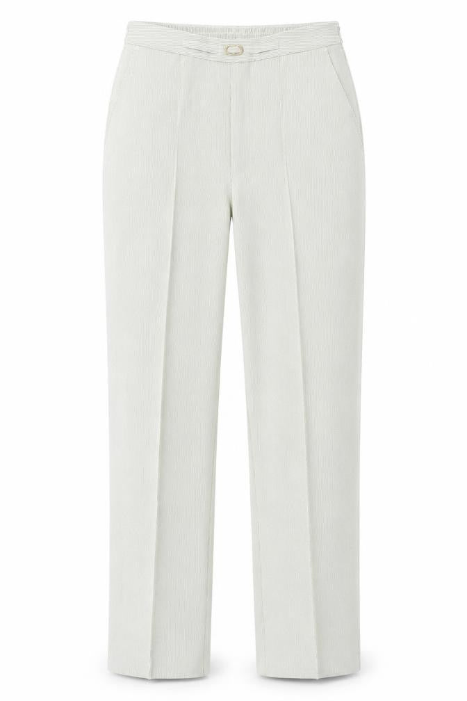 Front view of Marks & Spencer women’s green trousers, size UK 12, 28-inch leg