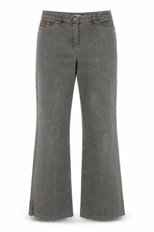 Front view of Frank Eden women’s green bootcut jeans, size UK 34, in, 29-inch leg