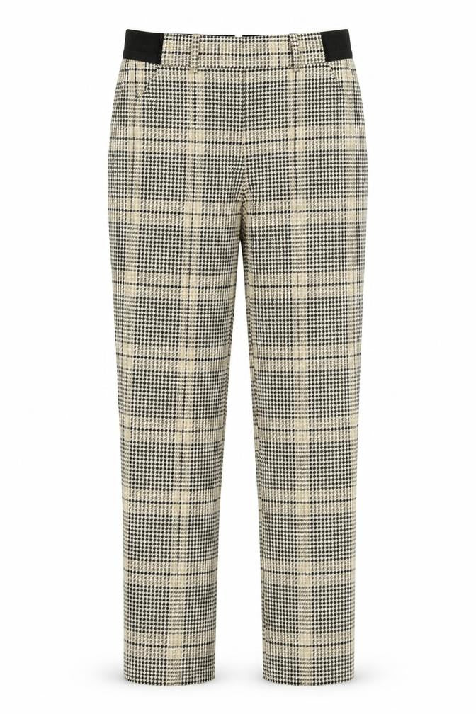 Front view of H&M women’s yellow houndstooth trousers, size UK 6, 26-inch leg
