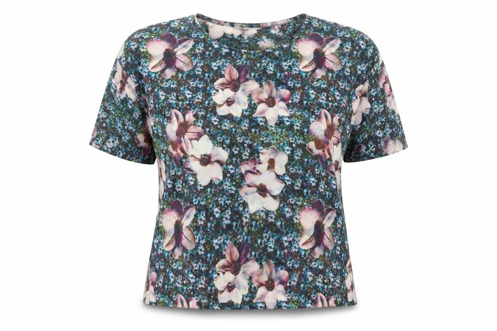 Front view of Topshop women’s multicoloured floral basic t-shirt, size UK 6