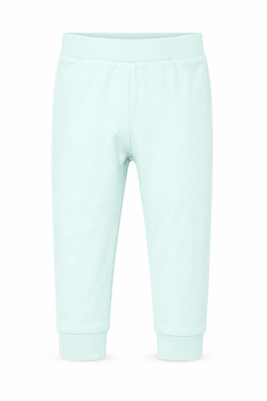 Front view of Mini Club girls’ green polka dot pyjama pants, size 18-24, months