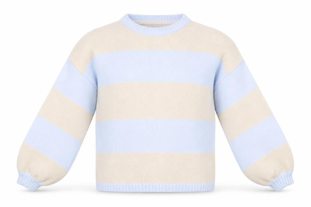 Front view of CocoGio women’s blue striped jumper, size M