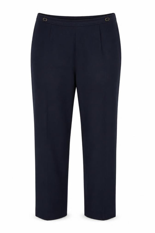 Front view of Bonmarché women’s blue trousers, size UK 16, 24-inch leg