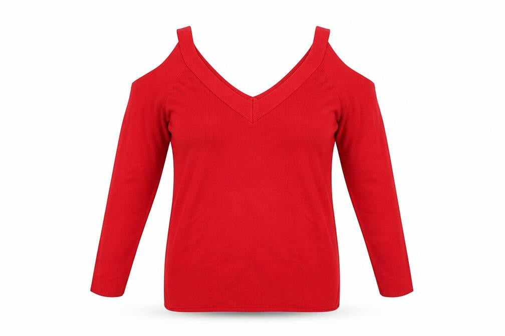 Front view of Preworn women’s red jumper, size UK 14