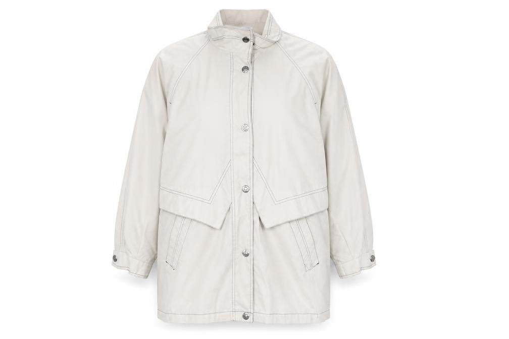 Front view of telemac women’s beige overcoat coat, size UK 16