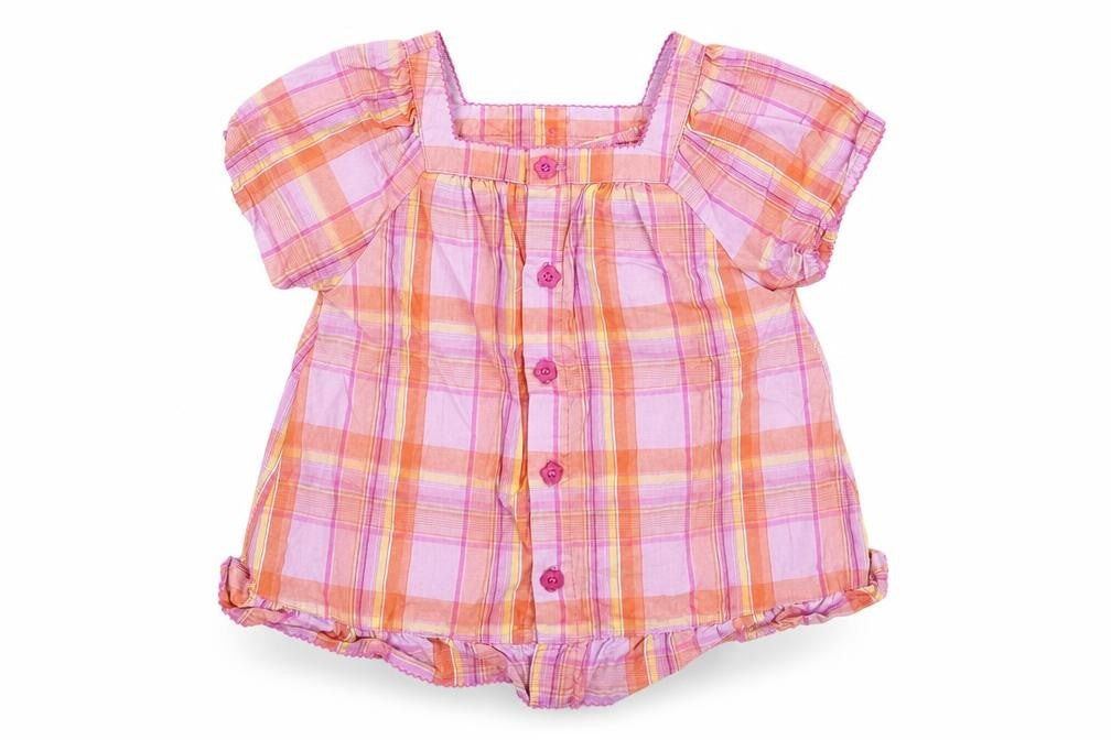 Front view of Tu girls’ multicoloured plaid basic button-up, size 12-18, months