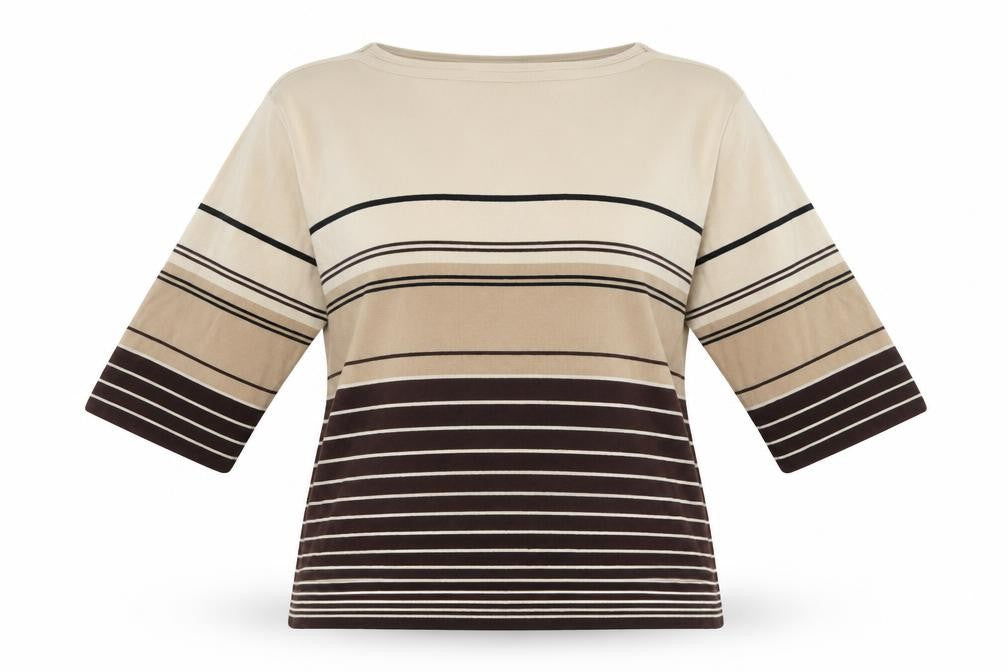 Front view of Bonmarché women’s multicoloured striped jersey blouse, size XL