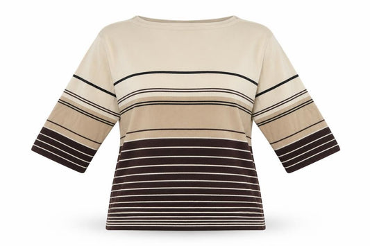 Front view of Bonmarché women’s multicoloured striped jersey blouse, size XL
