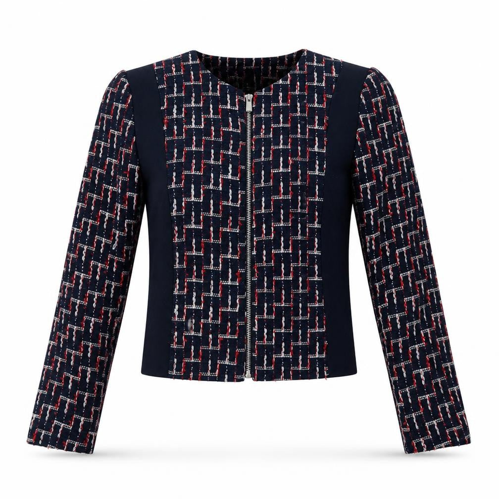 Front view of H&M women’s blue jacket, size UK 4